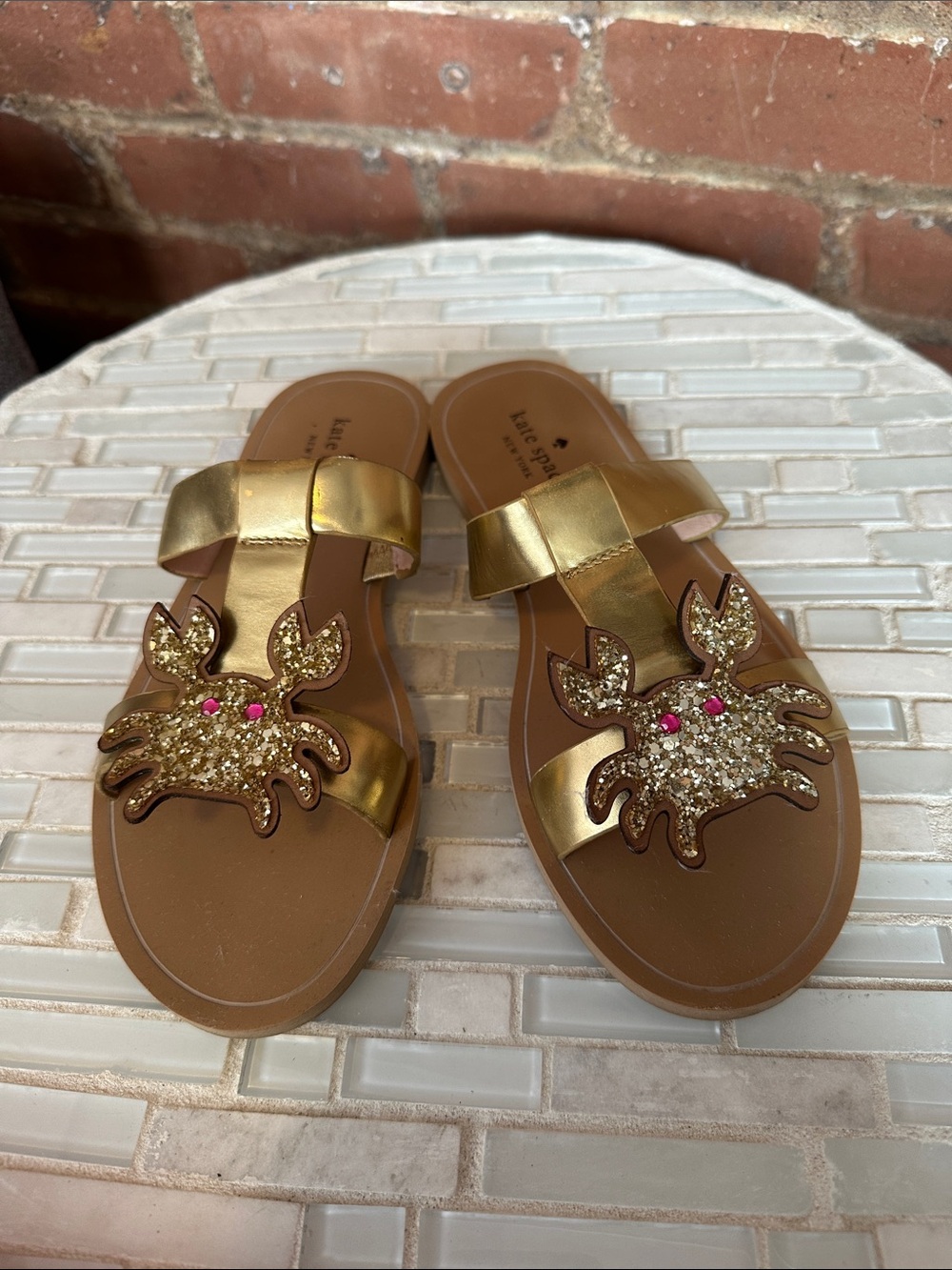 kate spade Gold Leather Crab Slide Sandals